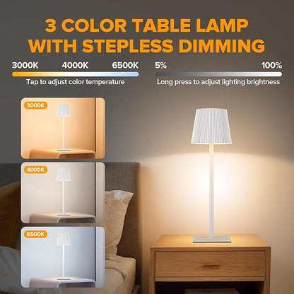 2-PACK WIRELESS LED TABLE LAMP, RECHARGEABLE BATTERY OPERATED DESK LAMP, TWO ADJUSTABLE HEIGHTS, WATERPROOF, TOUCH CONTROL, 3-COLOR STEPLESS DIMMING