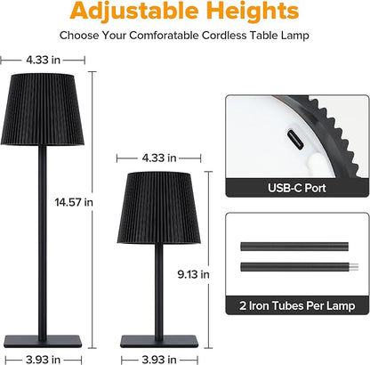 2-PACK WIRELESS LED TABLE LAMP, RECHARGEABLE BATTERY OPERATED DESK LAMP, TWO ADJUSTABLE HEIGHTS, WATERPROOF, TOUCH CONTROL, 3-COLOR STEPLESS DIMMING