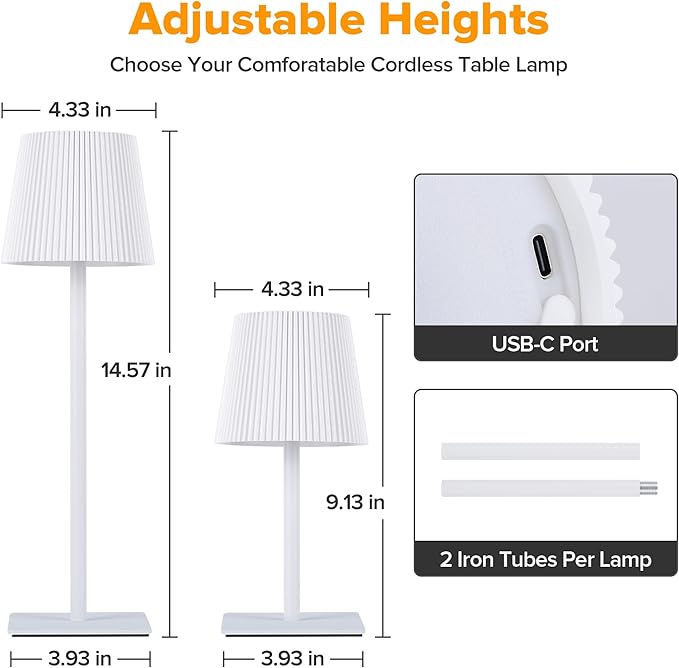 2-PACK WIRELESS LED TABLE LAMP, RECHARGEABLE BATTERY OPERATED DESK LAMP, TWO ADJUSTABLE HEIGHTS, WATERPROOF, TOUCH CONTROL, 3-COLOR STEPLESS DIMMING