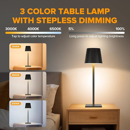 2-PACK WIRELESS LED TABLE LAMP, RECHARGEABLE BATTERY OPERATED DESK LAMP, TWO ADJUSTABLE HEIGHTS, WATERPROOF, TOUCH CONTROL, 3-COLOR STEPLESS DIMMING